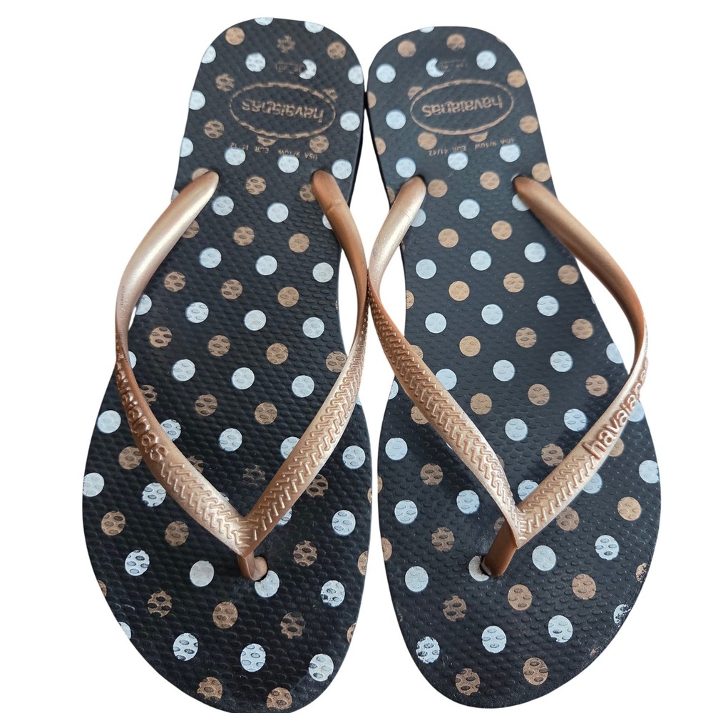 Havaianas Slim Polka Dot Flip Flops Black Rose Metallic Beach Logo 39 40 9 10